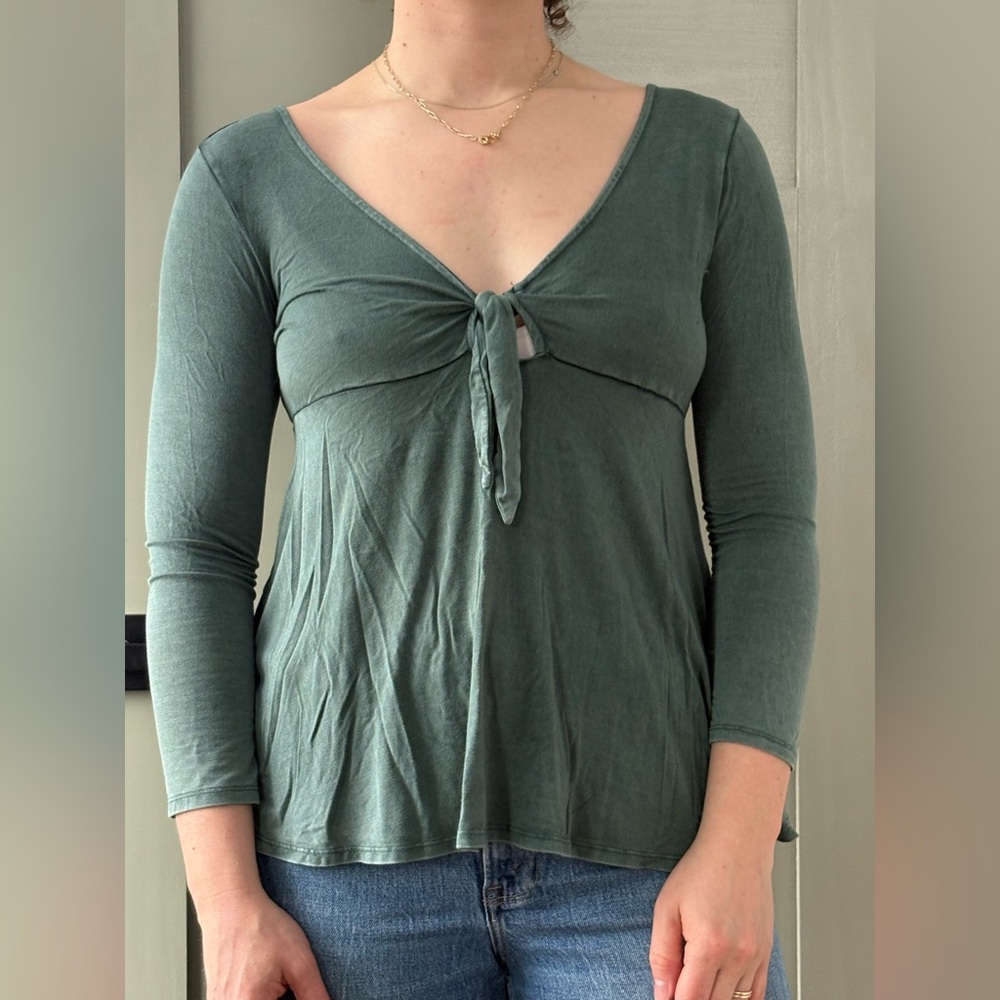 American Eagle Outfitters Soft & Sexy Sage Long Sleeve Tie-Front Top